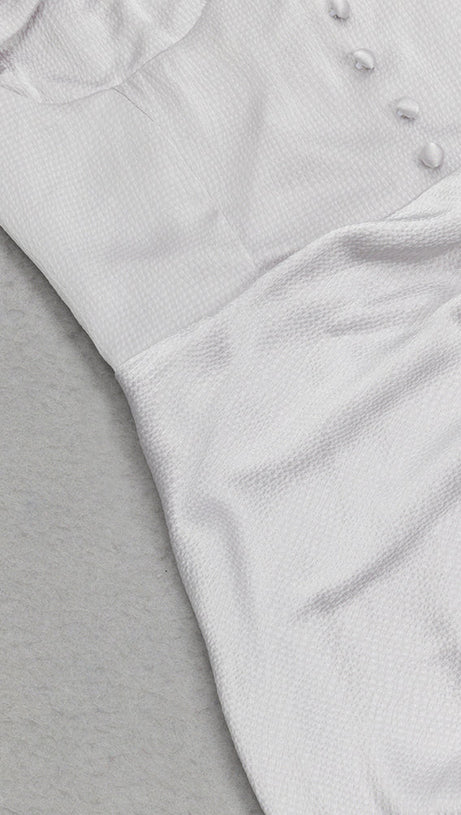 RUCHED SLIT STRAP MIDI DRESS IN LIGHT GRAY