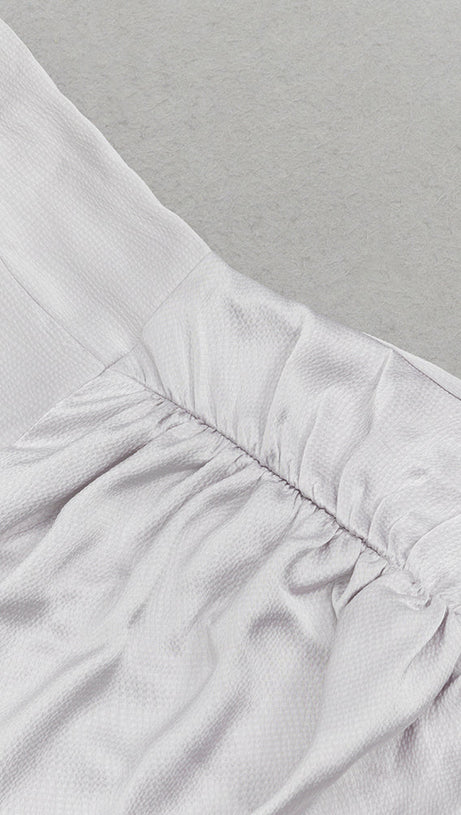 RUCHED SLIT STRAP MIDI DRESS IN LIGHT GRAY