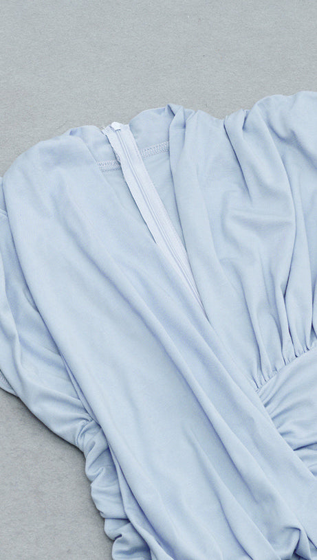 SHOULDER PADS RUFFLED V-NECK ASYMMETRIC HEM DRESS