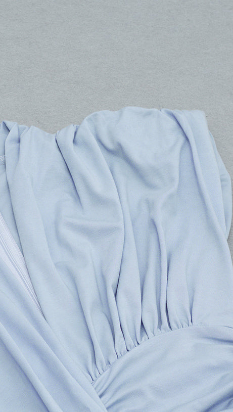 SHOULDER PADS RUFFLED V-NECK ASYMMETRIC HEM DRESS