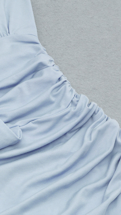 SHOULDER PADS RUFFLED V-NECK ASYMMETRIC HEM DRESS