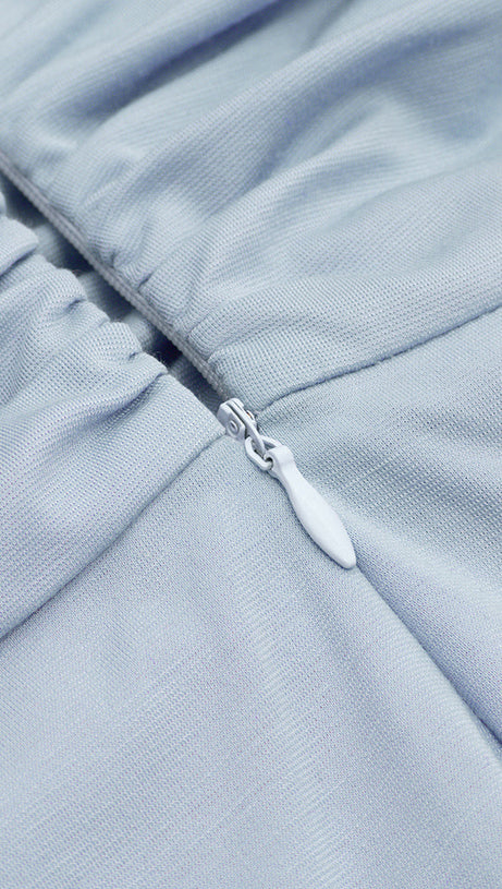 SHOULDER PADS RUFFLED V-NECK ASYMMETRIC HEM DRESS