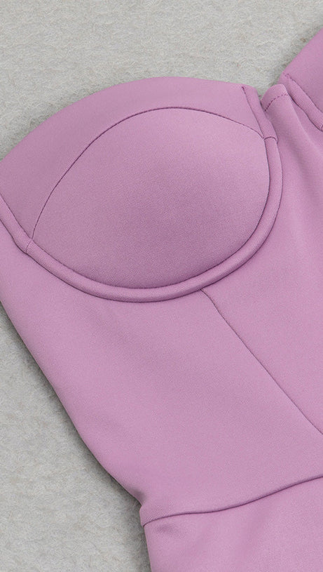 OFF-SHOULDER HIGH SPLIT RUFFLE MIDI DRESS