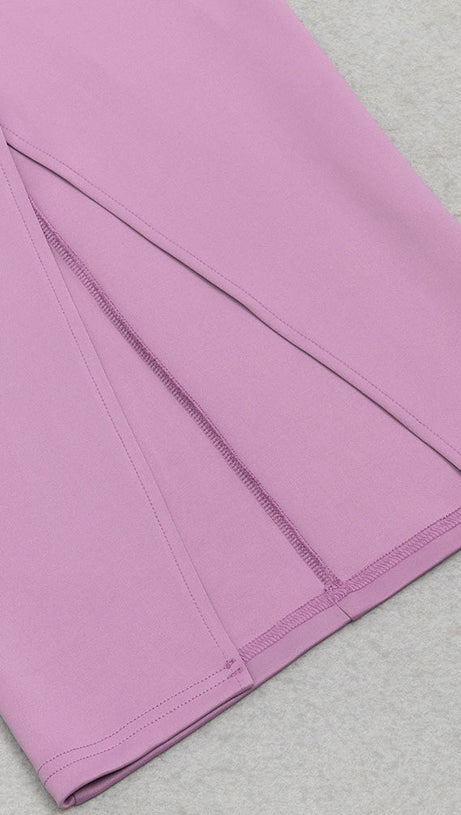 OFF-SHOULDER HIGH SPLIT RUFFLE MIDI DRESS