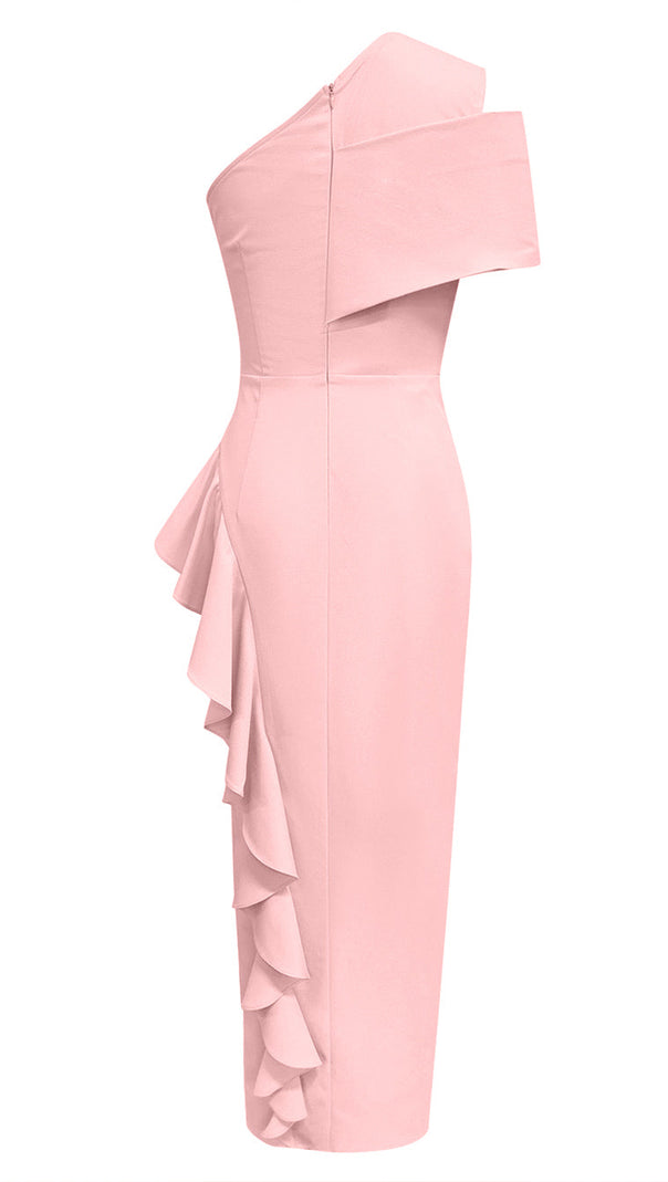 AIIZIE DIAGONAL SHOULDER PLEATED SLIT RUFFLED DRESS IN PINK - product image