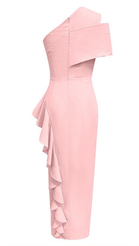 DIAGONAL SHOULDER PLEATED SLIT RUFFLED DRESS IN PINK