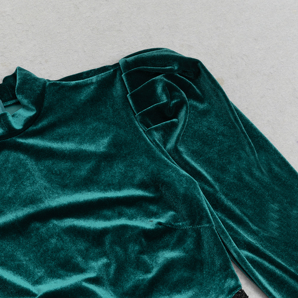 AIIZIE PUFF LACE VELVET MIDI DRESS IN GREEN - product image