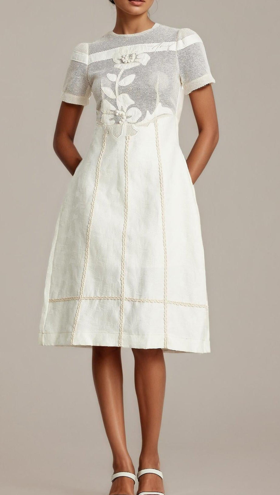 hermosa 3d floral embroidered hollow midi dress in apricot