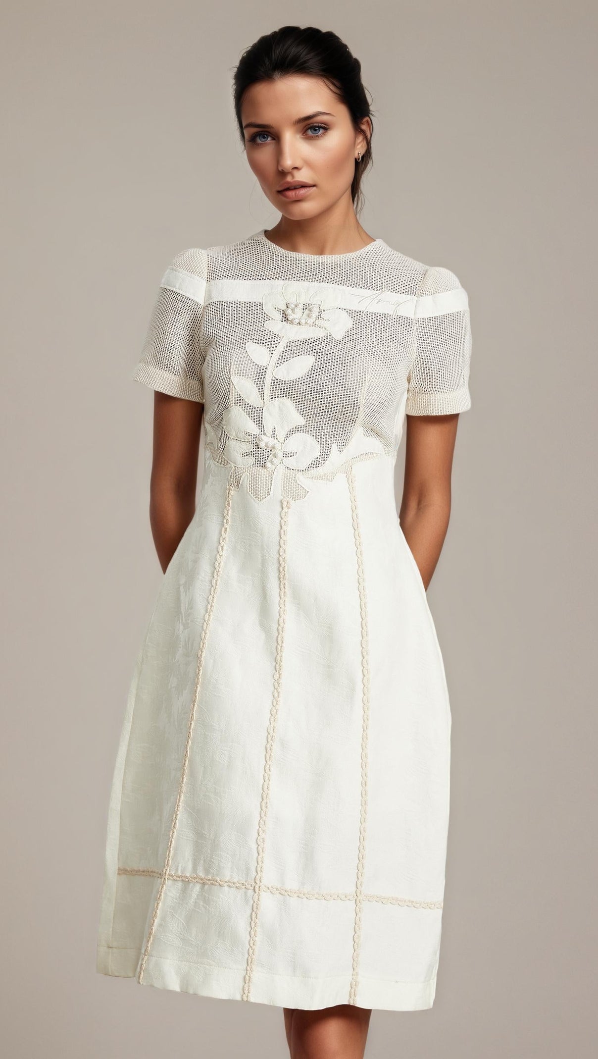 AIIZIE hermosa 3d floral embroidered hollow midi dress in apricot - product image