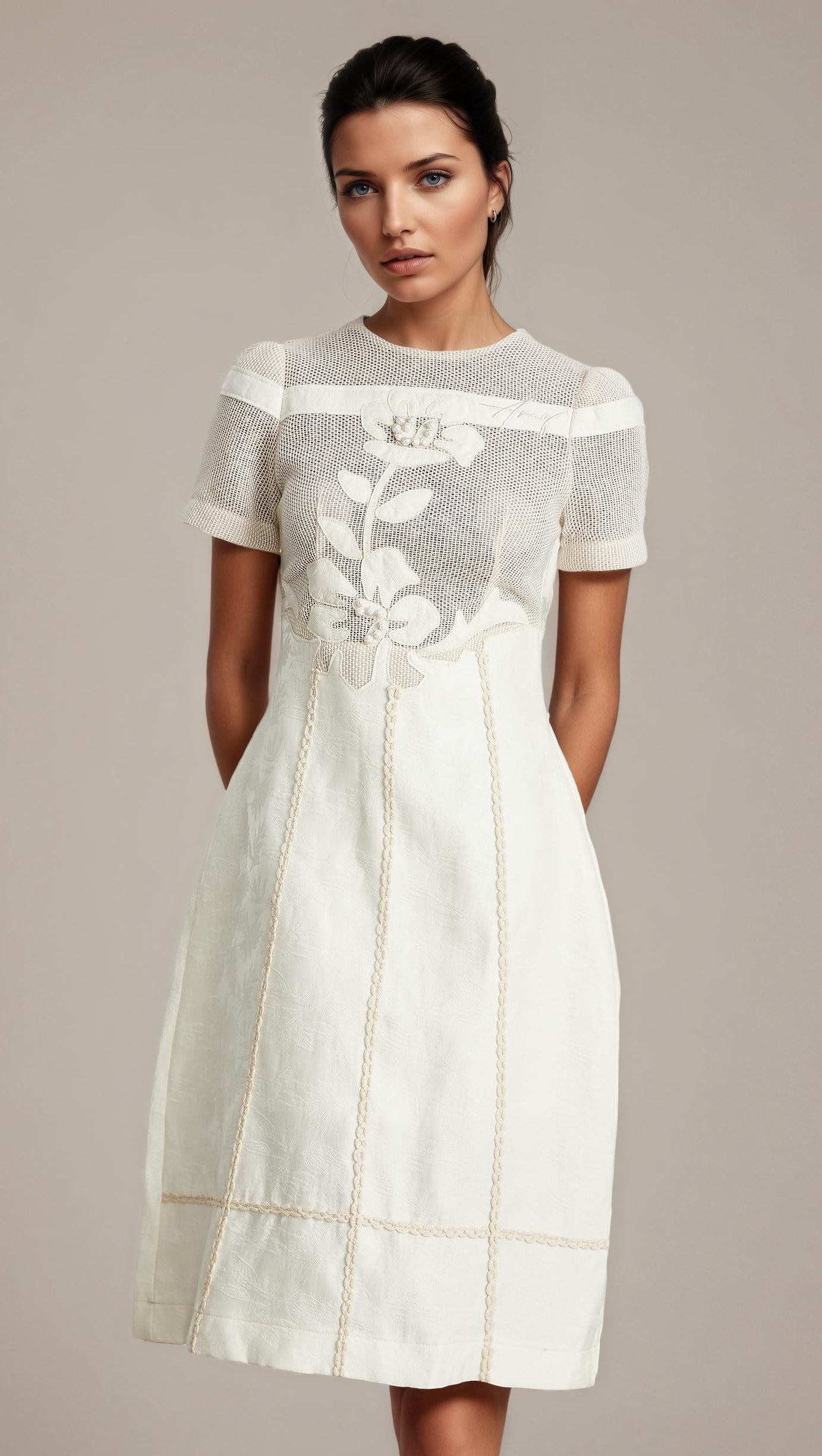 hermosa 3d floral embroidered hollow midi dress in apricot