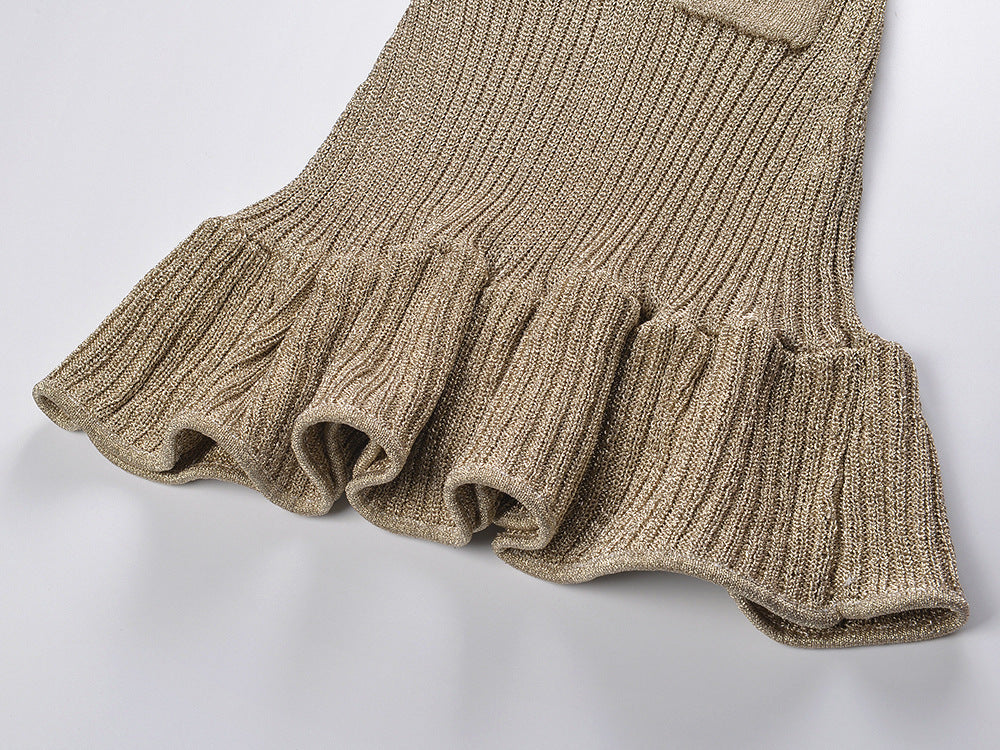 Shimmering Metallic Knit Mini Dress | V-Neck, Pockets & Ruffle Hem