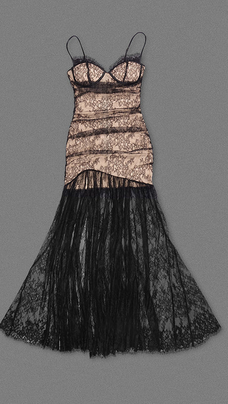 FLORAL PRINT LACE MAXI DRESS IN BLACK