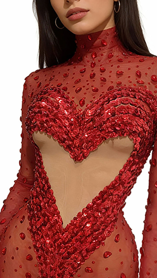 AIIZIE Jandina Dazzling Red Sequin & Diamante Mini Dress | Sheer Heart Party Glamour - product image