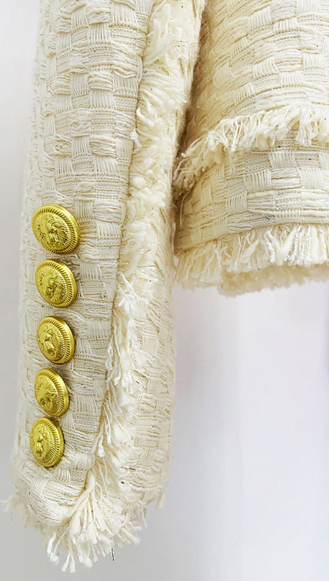 LION BUTTON FRINGED TWEED STAND COLLAR JACKET