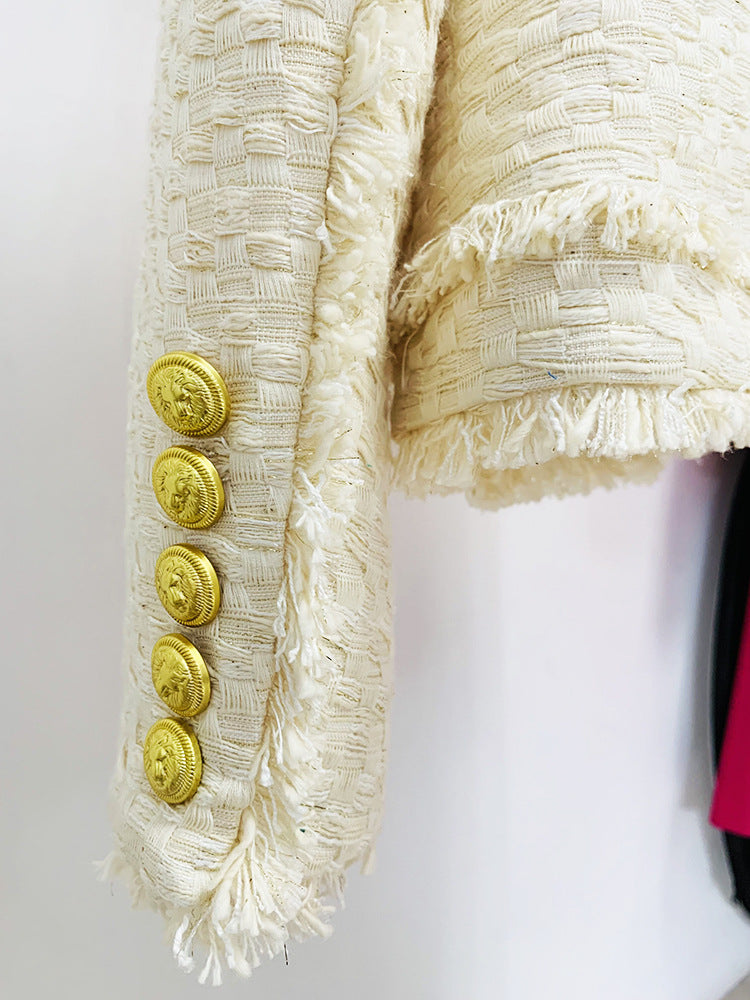 AIIZIE LION BUTTON FRINGED TWEED STAND COLLAR JACKET - product image