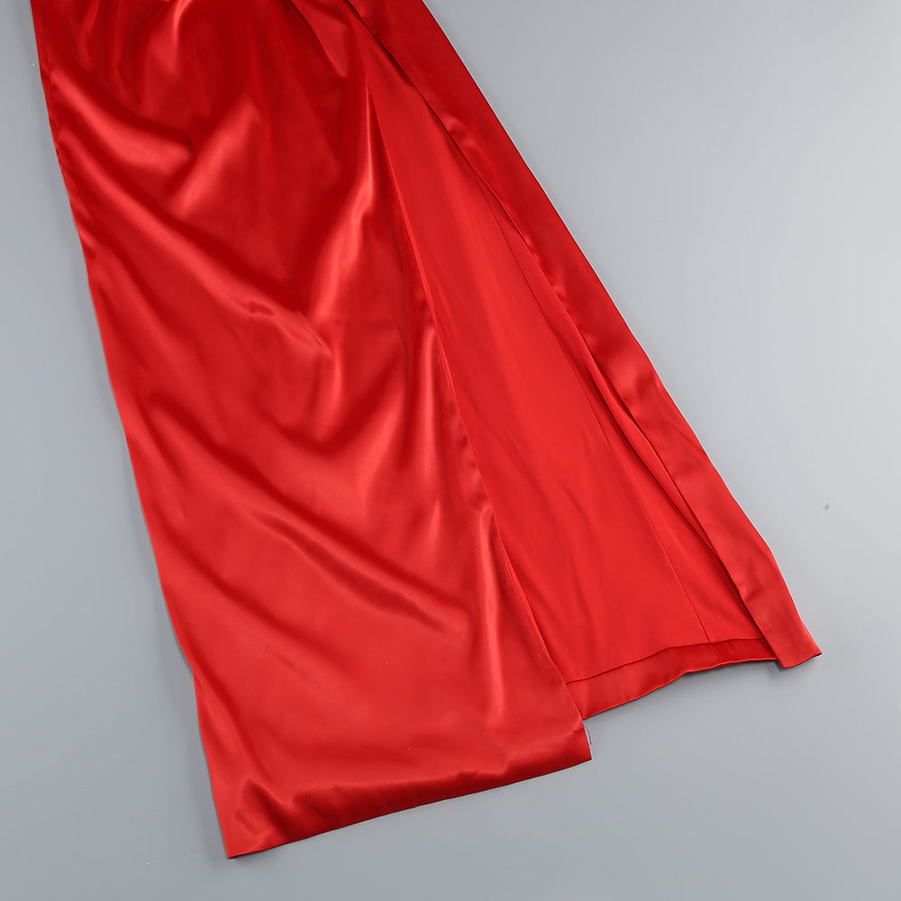 AIIZIE ELMA ONE-SHOULDER CRYSTAL DETAIL HIGH SLIT MAXI DRESS IN RED - product image