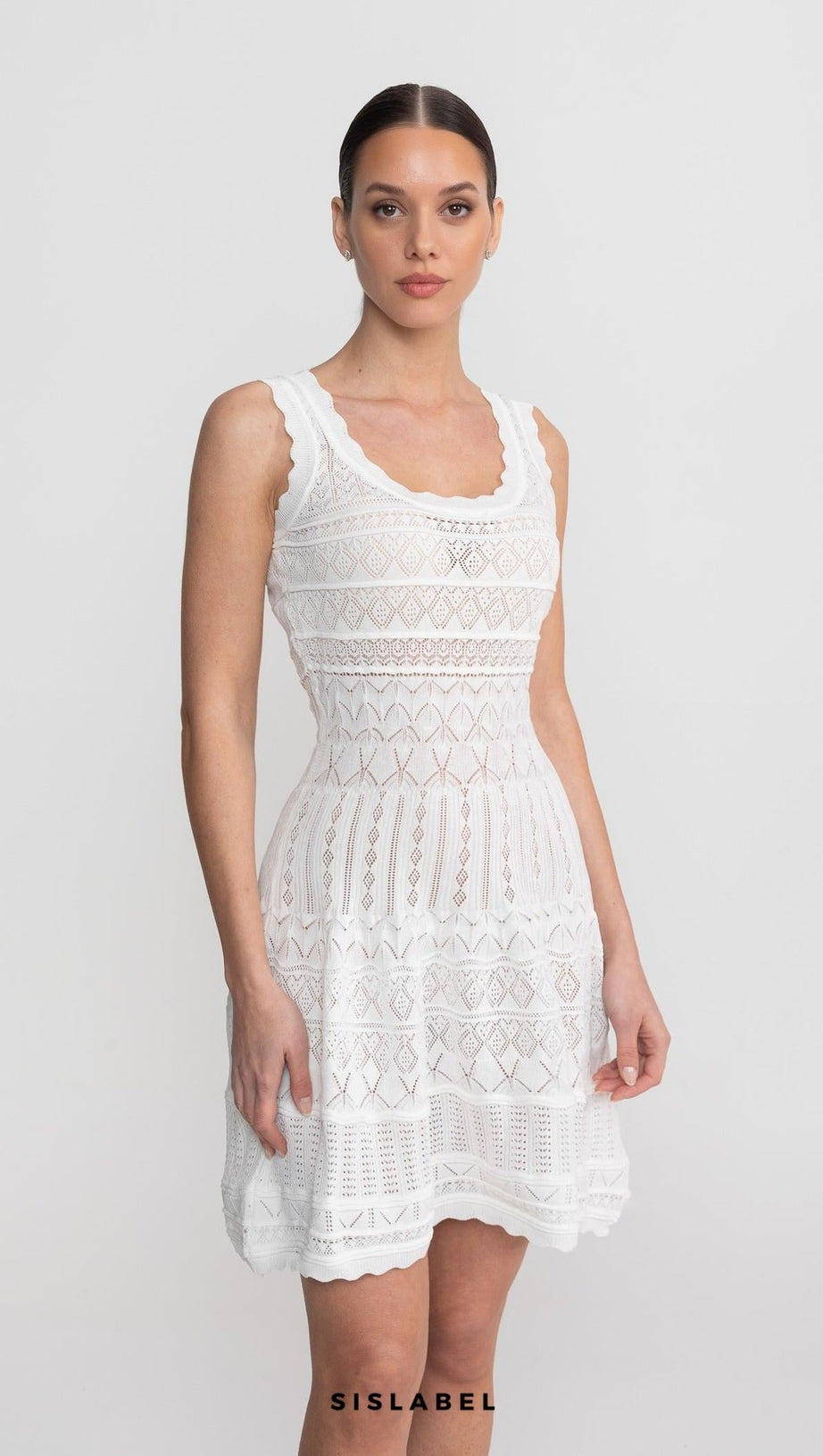 Sleeveless Mini Dress With Scalloped Lace Trim - White