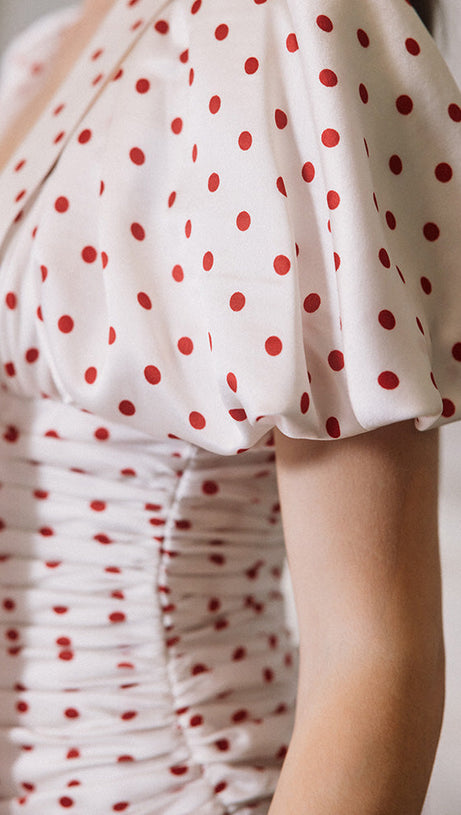 ABITO MIDI CON MANICHE A BOLLA A POIS ROSSI