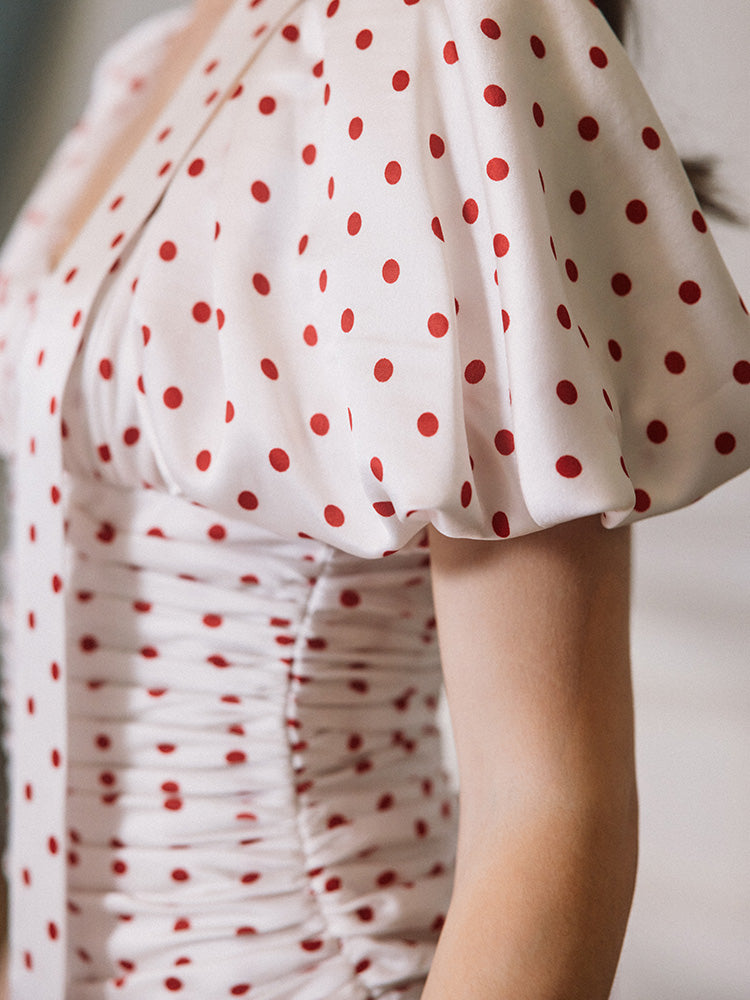 AIIZIE RED POLKA DOT BUBBLE SLEEVE MIDI DRESS - product image