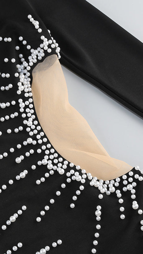 CAMILLE PEARL-EMBELLISHED MINI DRESS IN BLACK