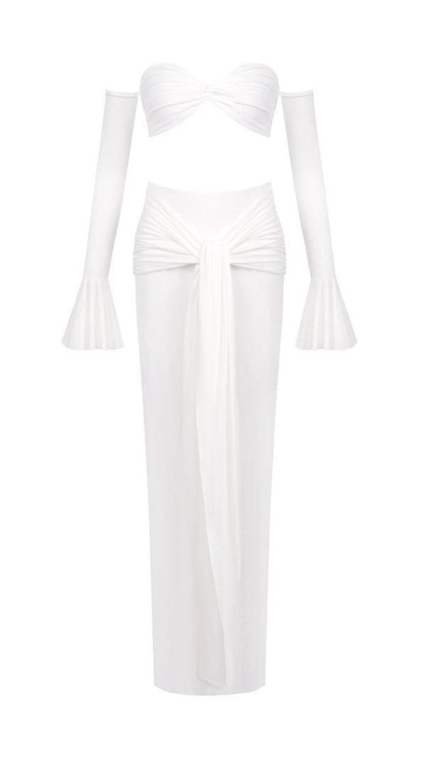 AIIZIE HESSA WHITE RESORT CHIC TWO-PIECE SET | STRAPLESS TOP, TIE-WAIST PANTS & STATEMENT SLEEVES - product image
