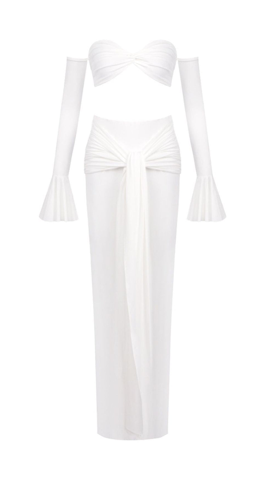 HESSA WHITE RESORT CHIC TWO-PIECE SET | STRAPLESS TOP, TIE-WAIST PANTS & STATEMENT SLEEVES