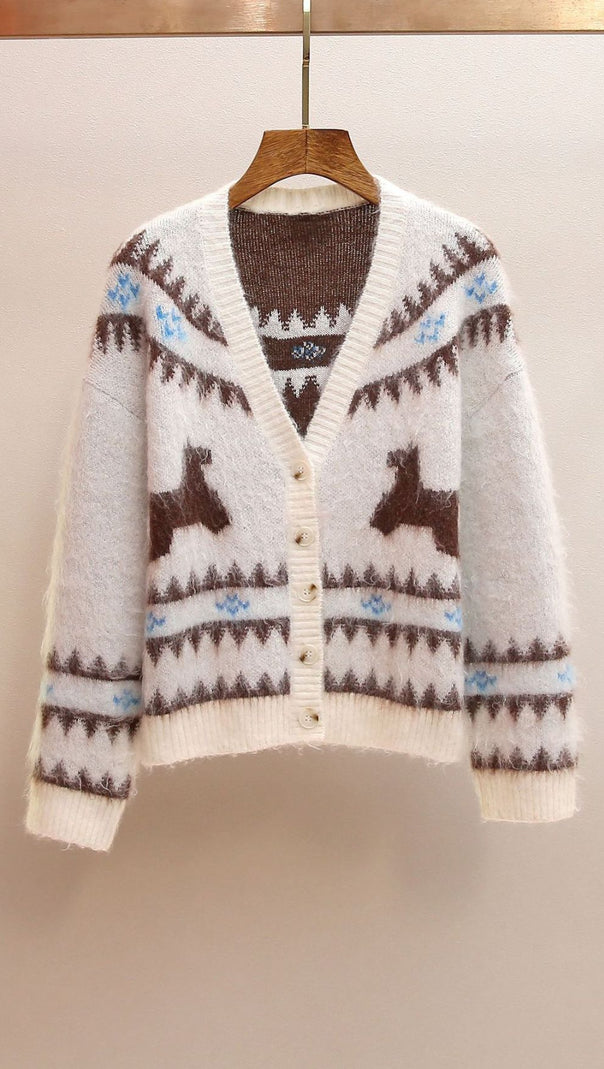 AIIZIE Janneke Plush Reindeer Fair Isle Cardigan - Cozy Winter Knit for Women - product image