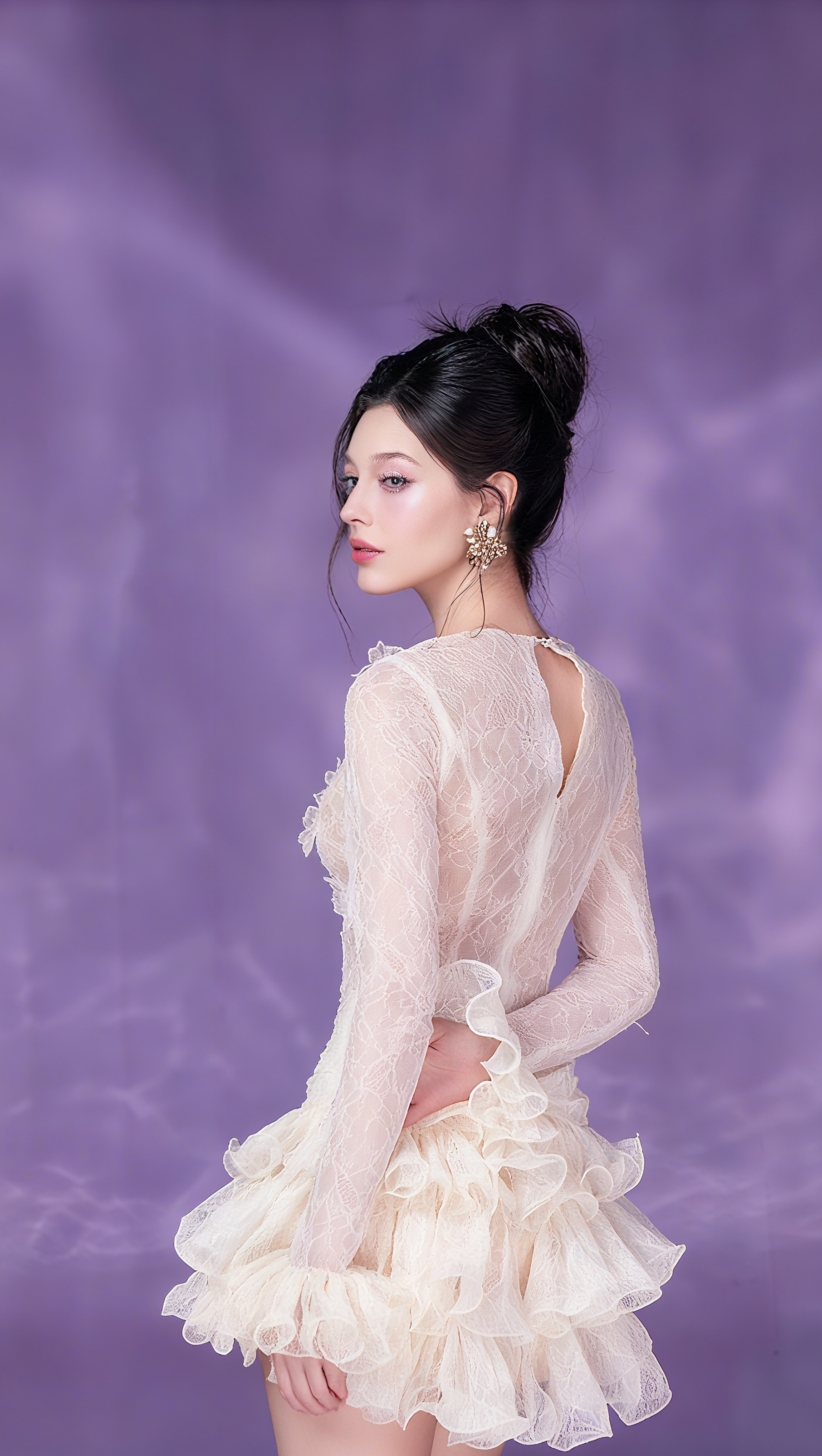 AIIZIE EUDORA LACE EMBROIDERY RUCHED TRIM MINI DRESS IN WHITE - product image