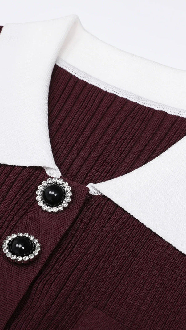 AIIZIE Javier Ribbed Knit Midi Dress - Long Sleeve, Contrast Collar & Burgundy Hue - product image