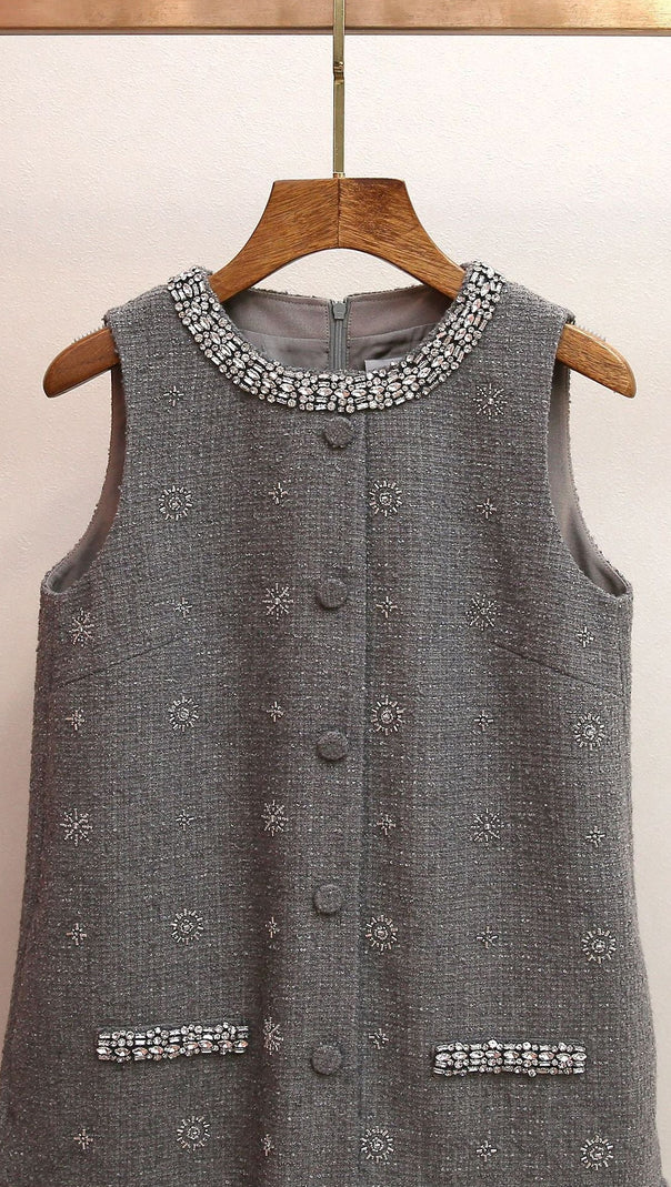 AIIZIE HASANA SPARKLING GREY TWEED SLEEVELESS MINI DRESS WITH CRYSTAL EMBELLISHMENTS - product image