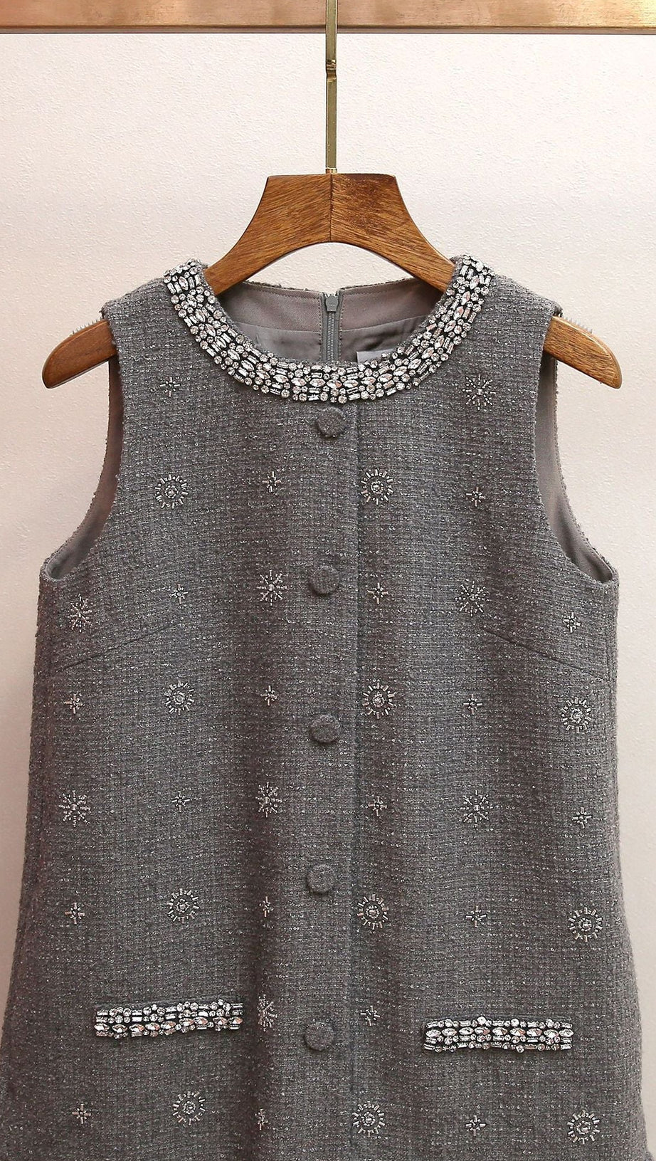HASANA SPARKLING GREY TWEED SLEEVELESS MINI DRESS WITH CRYSTAL EMBELLISHMENTS