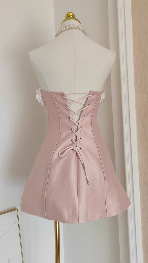 AIIZIE BLUSH PINK FLORAL STRAPLESS MINI DRESS - ELEGANT A-LINE PARTY & COCKTAIL DRESS - product image
