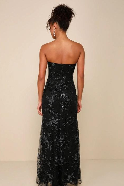 SEQUIN PRINT STRAPLESS BUSTIER MAXI DRESS IN BLACK