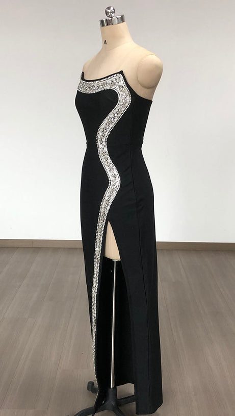 AMBER-EMBELLISHED BANDAGE GOWN IN BLACK