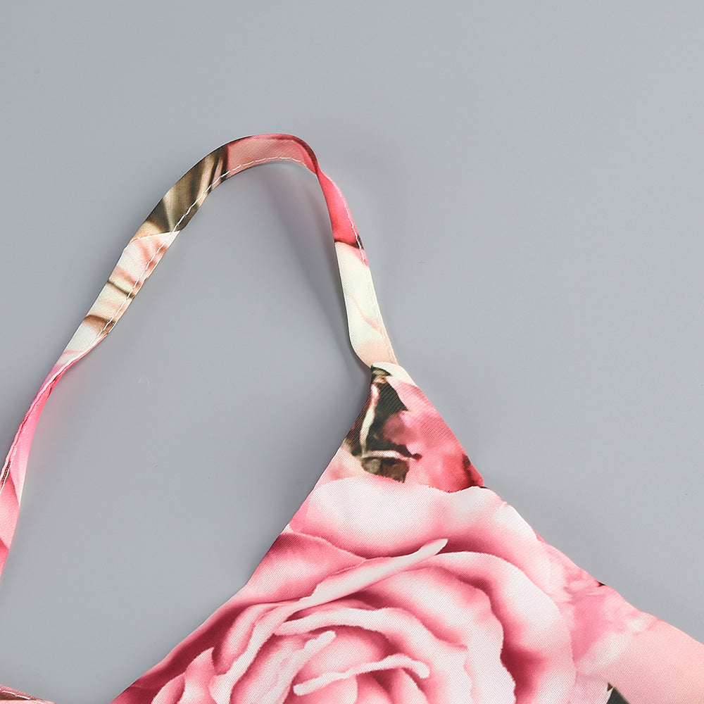 Rosa bedrucktes Midikleid mit offenem Rückenschlitz und ausgehöhlter Vorderseite