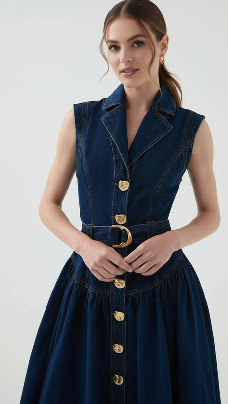 IONE SLEEVELESS BUTTON-FRONT DENIM MIDI DRESS | CHIC & BELTED STYLE