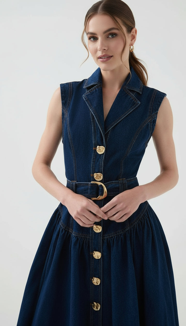 IONE SLEEVELESS BUTTON-FRONT DENIM MIDI DRESS | CHIC & BELTED STYLE