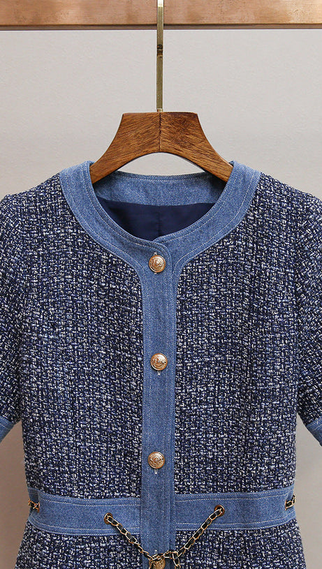 CHIC TWEED & DENIM MINI DRESS WITH GOLD CHAIN ACCENTS | HATSUYE