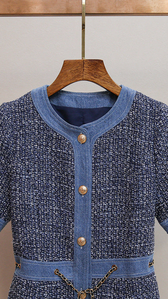 AIIZIE CHIC TWEED & DENIM MINI DRESS WITH GOLD CHAIN ACCENTS | HATSUYE - product image