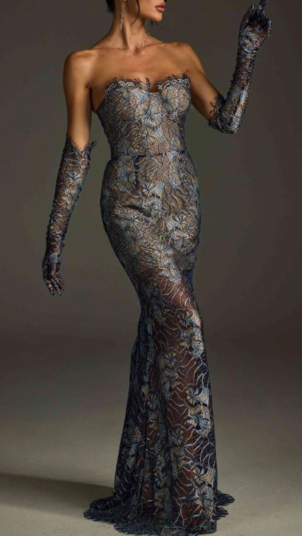 AIIZIE Javion Enchanting Strapless Floral Lace Gown with Opera Gloves - product image