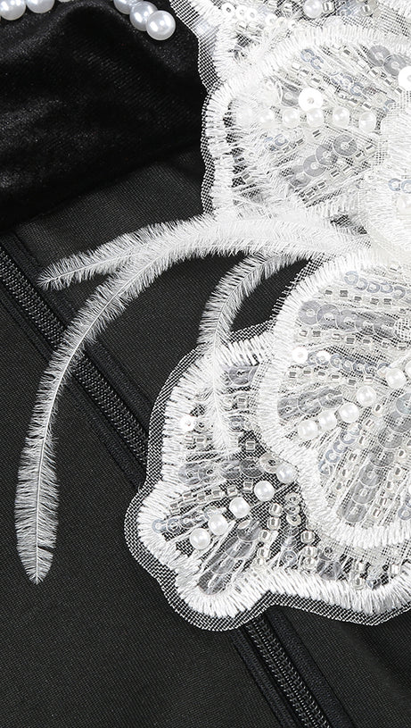 ONE-SHOULDER LONG SLEEVE FLOWER MAXI DRESS BLACK