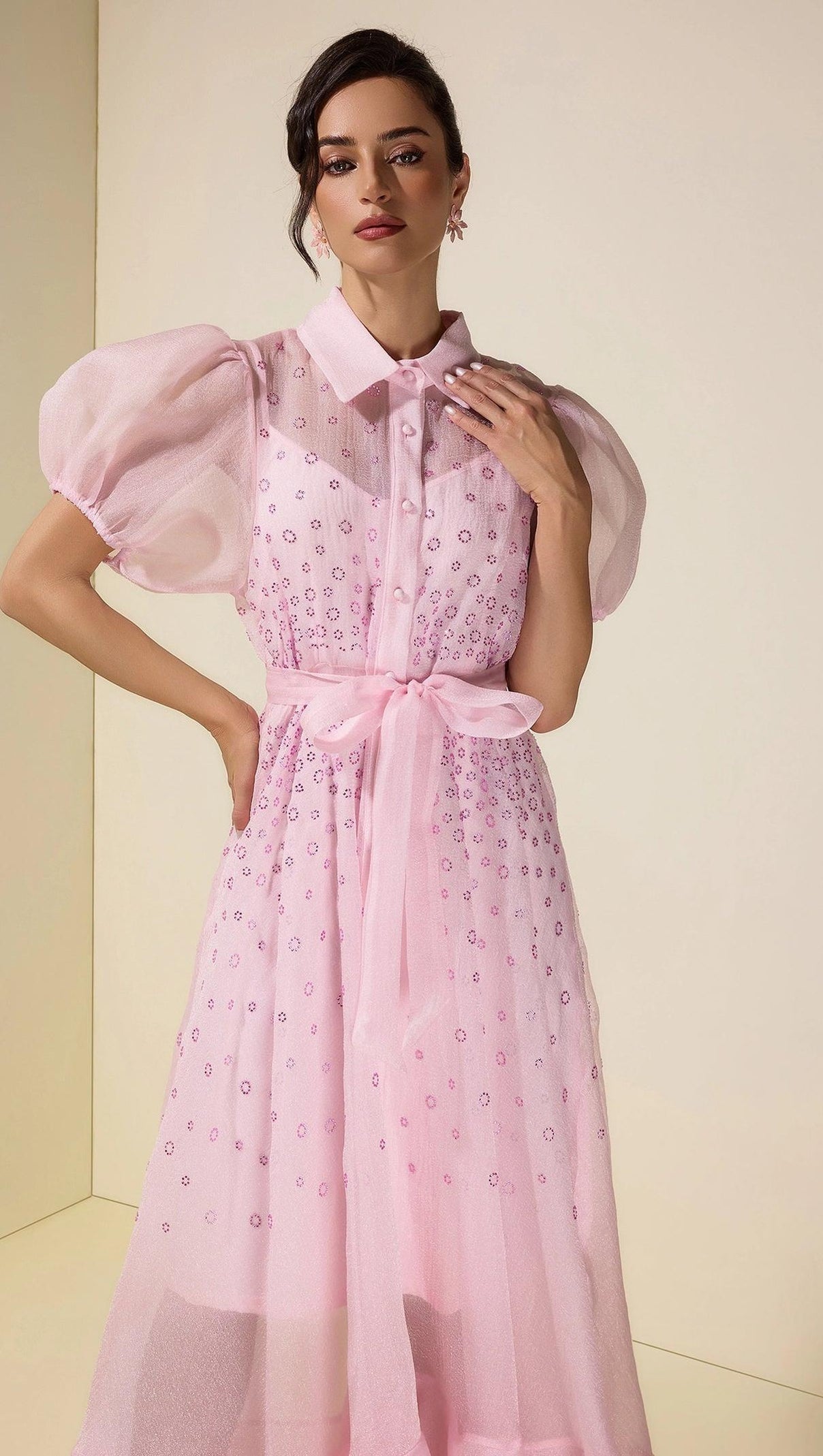 sylvia Rhinestone Puff Sleeve Maxi Dress With Belt - pink