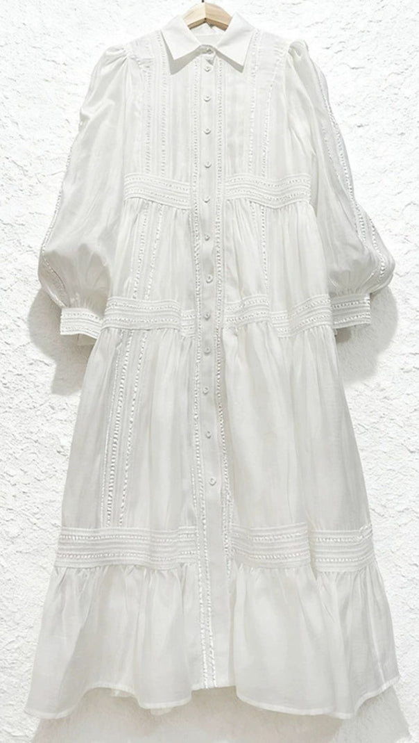 AIIZIE Izumi Sky Blue Lace Tiered Midi Shirtdress | Elegant Long Sleeve Dress for Women - product image