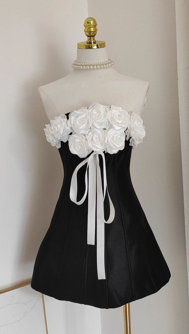 AIIZIE IVANKA GLAM BLACK & WHITE FLORAL STRAPLESS CORSET MINI DRESS - product image