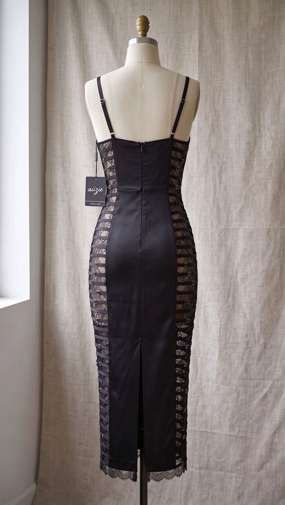 Black Satin Sheath Dress with Lace Side Panels