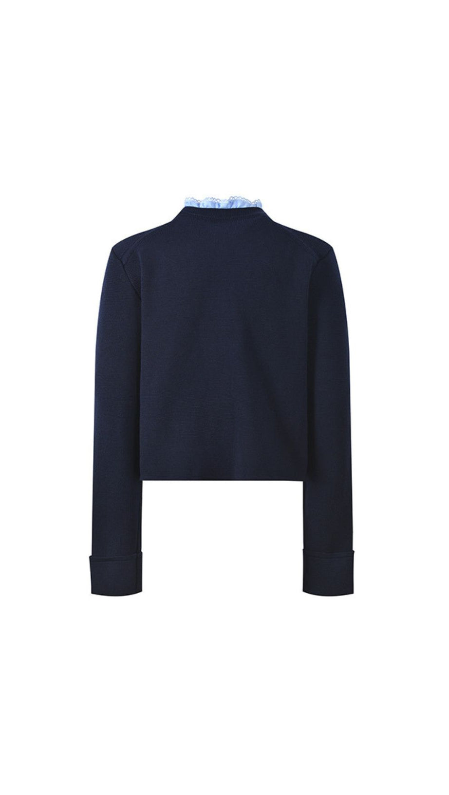 Chic Navy Cropped Cardigan with Detachable Ruffled Collar & Gold Buttons