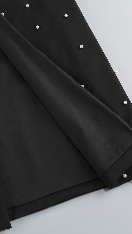 PEARL-EMBELLISHED STRAPLESS GOWN IN BLACK