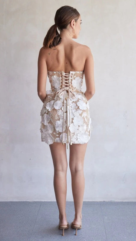 CHLOE FLORAL APPLIQUÉS HAND EMBROIDERY WHITE MINI DRESS