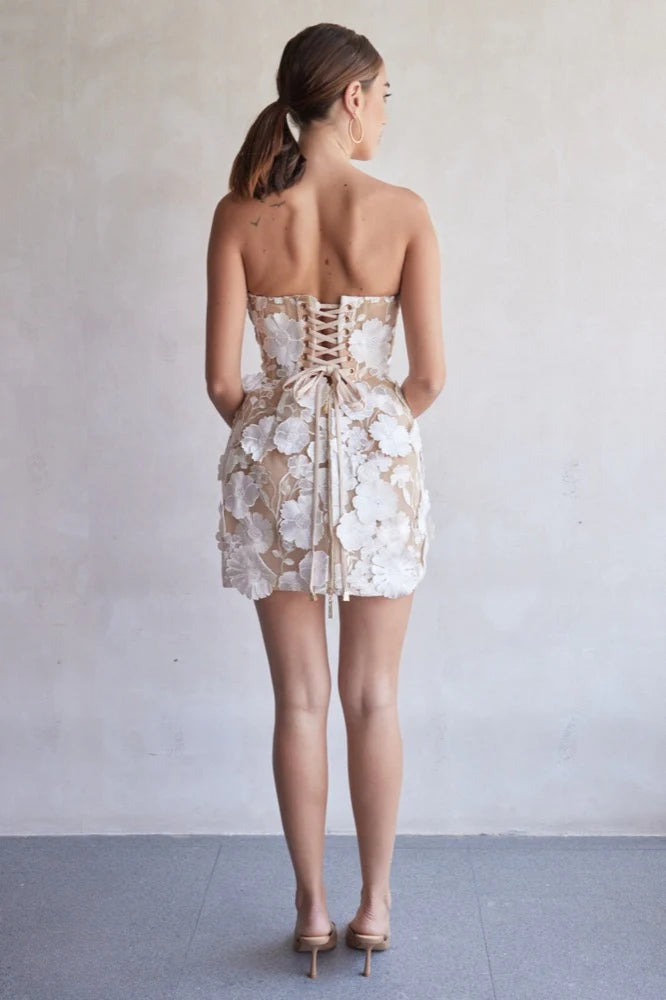 AIIZIE CHLOE FLORAL APPLIQUÉS HAND EMBROIDERY WHITE MINI DRESS - product image