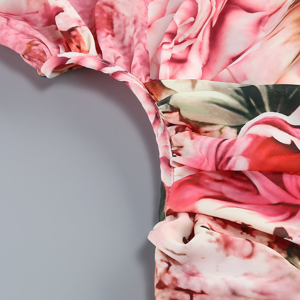 Rosa bedrucktes Midikleid mit offenem Rückenschlitz und ausgehöhlter Vorderseite